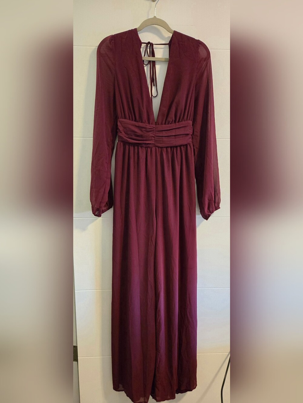 Lulu's Burgundy Long Sleeve Bavkless Jumpsuit